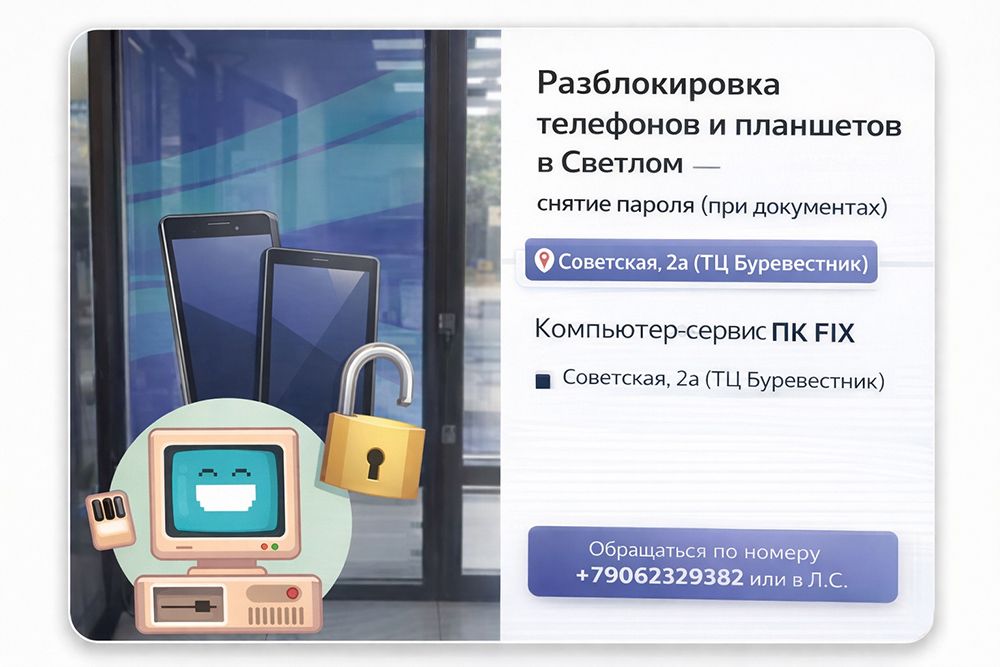 Разблокировка телефонов и планшетов в Светлом — снятие пароля (при документах)