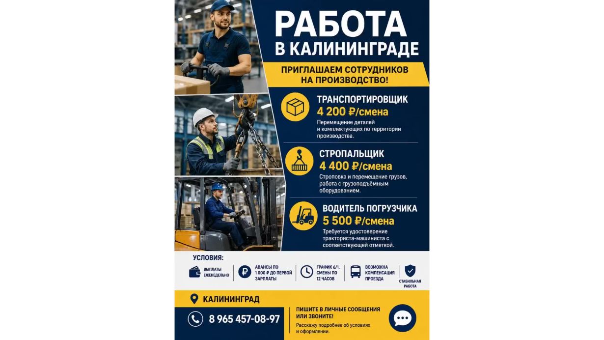 Приглашаем сотрудников на производство: Транспортировщик, Стропальщик, Водитель погрузчика